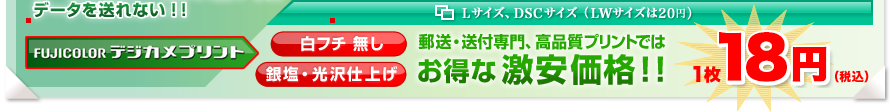 フジカラー デジカメプリント「白フチ 無し」「銀塩・光沢仕上げ」郵送・送付専門、高品質プリントでは、お得な激安価格！！Lサイズ、DSCサイズ（LWサイズは18円）： 1枚15円（税込）